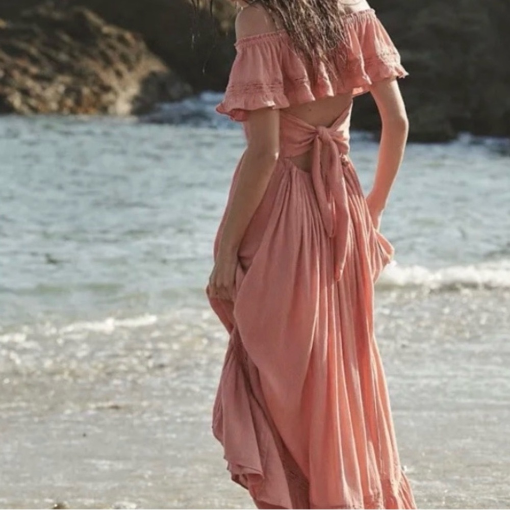 Free People Off-Shoulder Tie-Back Maxi Dress in light coral pink